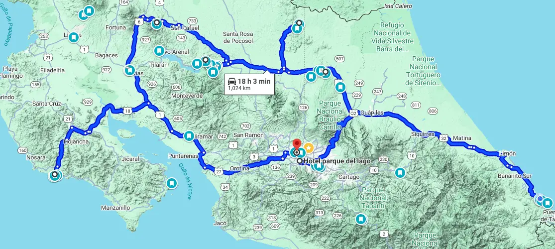 Carte du Costa Rica indiquant les étapes du circuit Le Jaguar proposé par Vacances au Costa Rica, incluant parcs naturels, volcans, jungle et littoral.