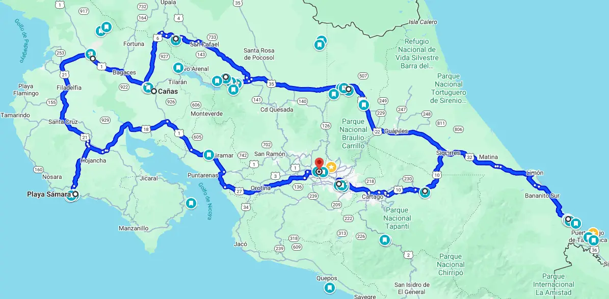 Carte illustrée du Costa Rica montrant les étapes du circuit Le Singe Hurleur, comprenant forêts tropicales, parcs nationaux, et habitats naturels des singes hurleurs.