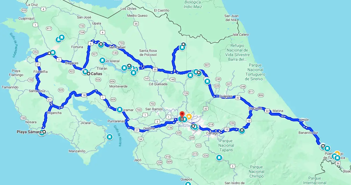 Carte détaillée du circuit Ara Verte au Costa Rica, reliant les parcs nationaux, réserves naturelles et écolodges