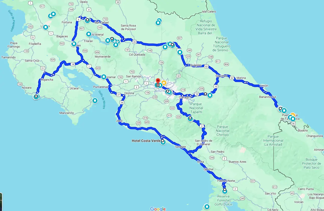 Carte illustrant le circuit Le Paresseux à travers les forêts, côtes et réserves naturelles du Costa Rica