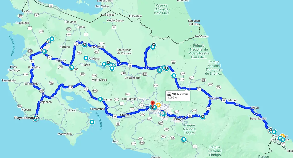 Carte du circuit Singe Hurleur au Costa Rica, à travers jungles, volcans et côtes sauvages