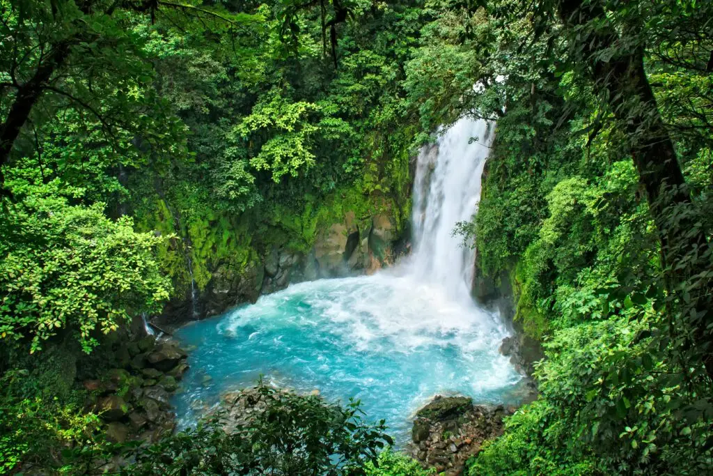 Cascade turquoise du Río Celeste dans le Parc National du Volcan Tenorio, entourée de forêt tropicale dense