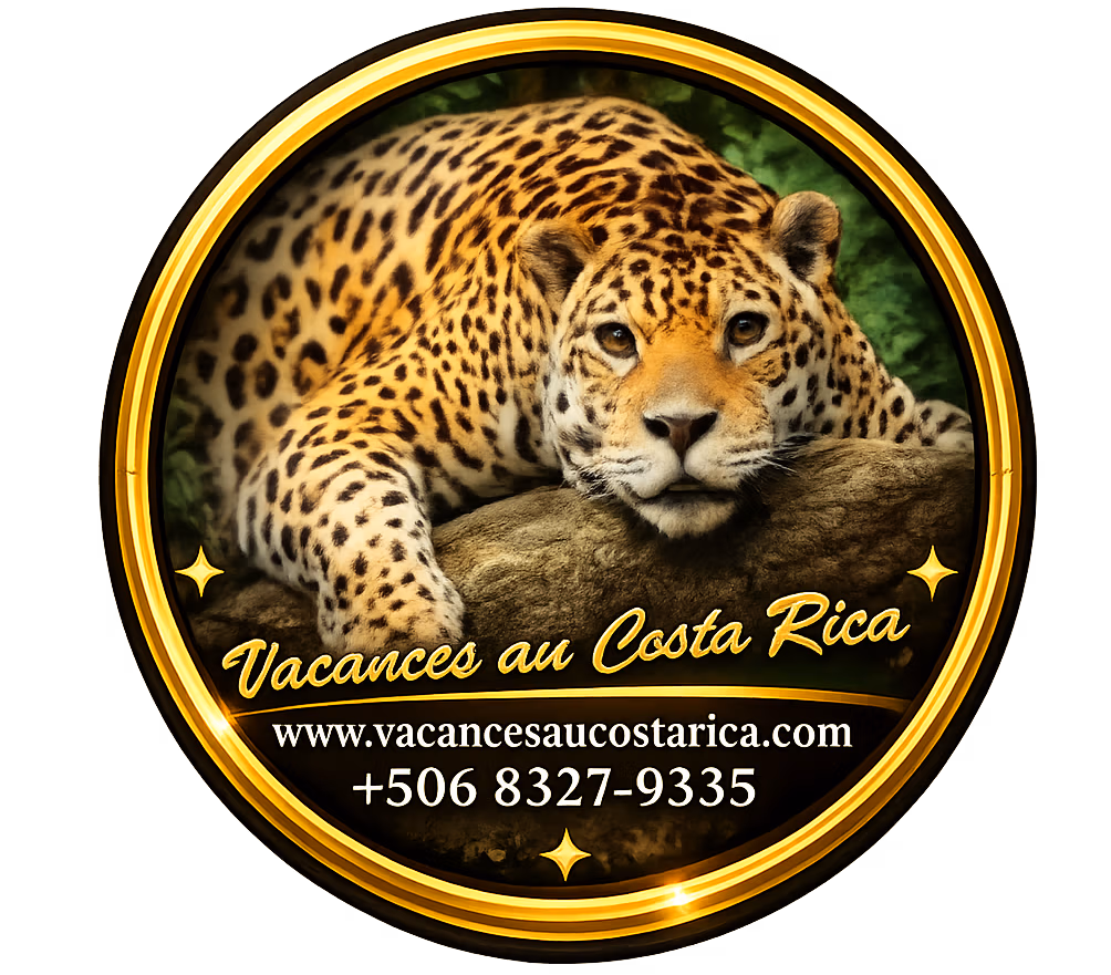 Logo de Vacances au Costa Rica représentant un jaguar, symbole de la nature sauvage costaricienne, avec le nom de l'agence de voyage locale francophone.